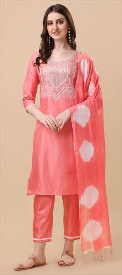 Party Wear Pink and Majenta color Salwar Kameez in Silk fabric with Straight Embroidered work : 1846515