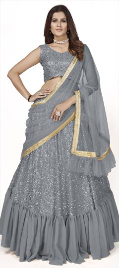 Party Wear Black and Grey color Lehenga in Georgette fabric with A Line Sequence work : 1846517