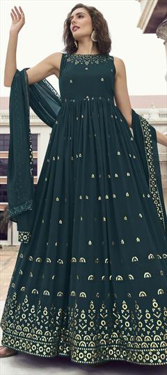 Engagement, Mehendi Sangeet, Reception Blue color Gown in Georgette fabric with Embroidered, Sequence, Thread work : 1846530