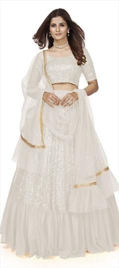 Party Wear White and Off White color Lehenga in Georgette fabric with A Line Sequence work : 1846531