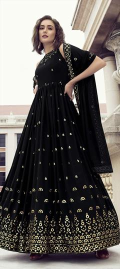 Engagement, Mehendi Sangeet, Reception Black and Grey color Gown in Georgette fabric with Embroidered, Sequence, Thread work : 1846532