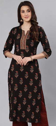 Casual, Festive Black and Grey color Kurti in Cotton fabric with Straight Printed work : 1846542
