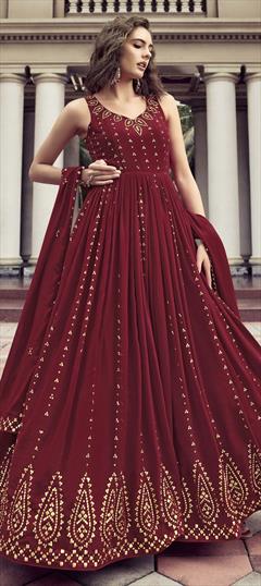 Engagement, Mehendi Sangeet, Reception Red and Maroon color Gown in Georgette fabric with Embroidered, Sequence, Thread work : 1846543