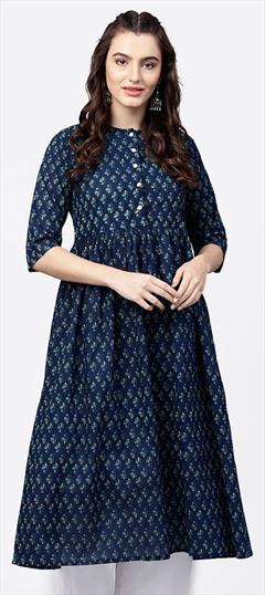 Casual Blue color Kurti in Cotton fabric with A Line, Long Sleeve Printed work : 1846565