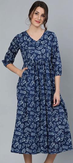 Casual Blue color Kurti in Cotton fabric with A Line, Long Sleeve Printed work : 1846568
