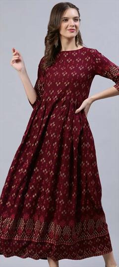 Party Wear Red and Maroon color Kurti in Rayon fabric with A Line, Long Sleeve Printed work : 1846579
