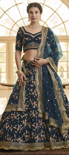 Festive, Traditional Blue color Lehenga in Silk fabric with A Line Border, Embroidered, Sequence, Zari work : 1846676