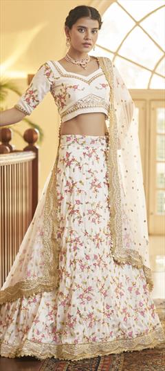 Festive, Traditional White and Off White color Lehenga in Silk fabric with A Line Border, Embroidered, Sequence, Zari work : 1846677