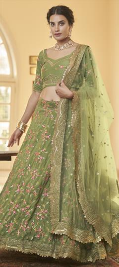 Festive, Traditional Green color Lehenga in Silk fabric with A Line Border, Embroidered, Sequence, Zari work : 1846678
