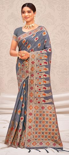 Traditional Black and Grey color Saree in Art Silk, Silk fabric with South Weaving work : 1846690