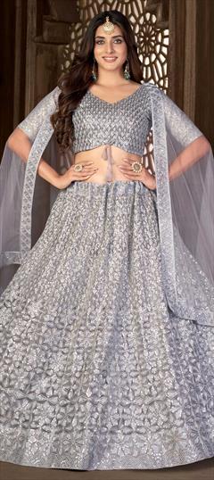 Party Wear Black and Grey color Lehenga in Net fabric with A Line Resham, Thread, Zari work : 1846698