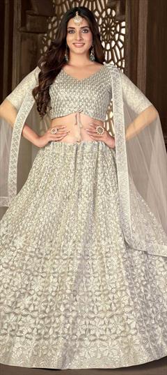 Party Wear White and Off White color Lehenga in Net fabric with A Line Resham, Thread, Zari work : 1846700