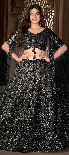 Party Wear Black and Grey color Lehenga in Net fabric with A Line Resham, Thread, Zari work : 1846701