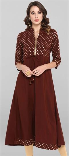 Casual, Festive Beige and Brown color Kurti in Crepe Silk fabric with Long Foil Print work : 1846857