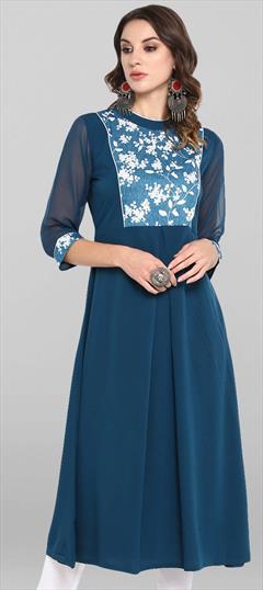Casual Blue color Kurti in Crepe Silk fabric with Long Printed work : 1846859