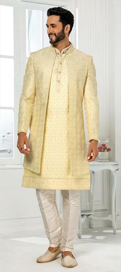 Yellow color Kurta Pyjama with Jacket in Art Silk fabric with Embroidered, Resham, Thread work : 1846889