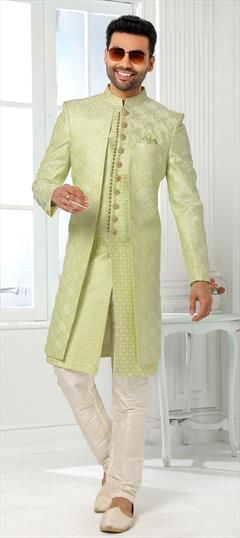 Green color Kurta Pyjama with Jacket in Art Silk fabric with Thread work : 1846890