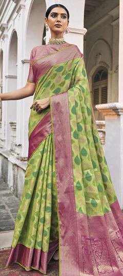 Festive, Traditional Green color Saree in Chanderi Silk fabric with South Printed, Weaving work : 1846895