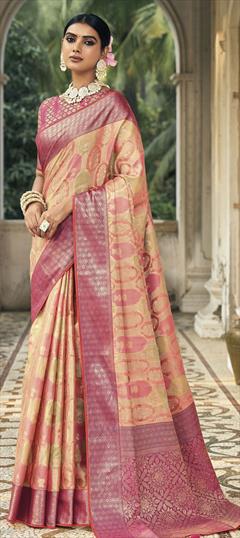 Festive, Traditional Pink and Majenta color Saree in Chanderi Silk fabric with South Printed, Weaving work : 1846897
