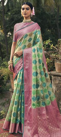 Festive, Traditional Green color Saree in Chanderi Silk fabric with South Printed, Weaving work : 1846902