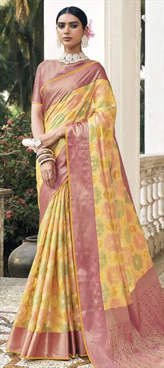 Festive, Traditional Yellow color Saree in Chanderi Silk fabric with South Printed, Weaving work : 1846903