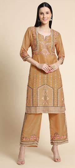 Designer, Party Wear Yellow color Tunic with Bottom in Viscose fabric with Straight Printed work : 1846943