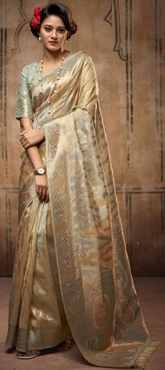 Traditional, Wedding Gold color Saree in Organza Silk, Silk fabric with South Weaving work : 1846975