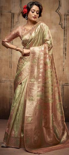 Traditional, Wedding Green, Pink and Majenta color Saree in Organza Silk, Silk fabric with South Weaving work : 1846983