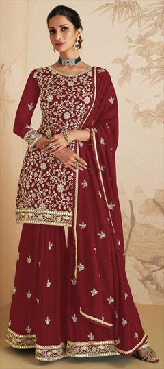 Festive, Mehendi Sangeet Red and Maroon color Salwar Kameez in Georgette fabric with Sharara Embroidered, Sequence, Thread work : 1846998