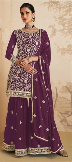 Festive, Mehendi Sangeet Purple and Violet color Salwar Kameez in Georgette fabric with Sharara Embroidered, Sequence, Thread work : 1847000
