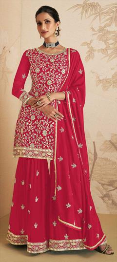 Festive, Mehendi Sangeet Pink and Majenta color Salwar Kameez in Georgette fabric with Sharara Embroidered, Sequence, Thread work : 1847001