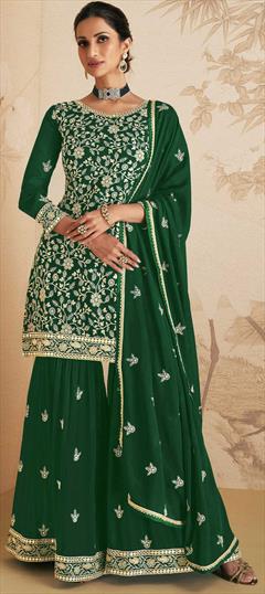 Festive, Mehendi Sangeet Green color Salwar Kameez in Georgette fabric with Sharara Embroidered, Sequence, Thread work : 1847002