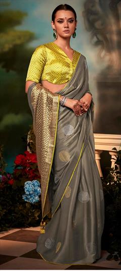 Traditional, Wedding Black and Grey color Saree in Banarasi Silk, Silk fabric with South Embroidered, Resham, Stone, Thread, Zari work : 1847057