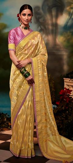 Traditional, Wedding Yellow color Saree in Banarasi Silk, Silk fabric with South Embroidered, Resham, Stone, Thread, Zari work : 1847062