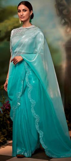 Traditional, Wedding Blue color Saree in Banarasi Silk, Silk fabric with South Embroidered, Resham, Stone, Thread, Zari work : 1847063