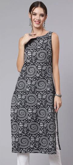 Casual Black and Grey color Kurti in Cotton fabric with Straight Printed work : 1847108