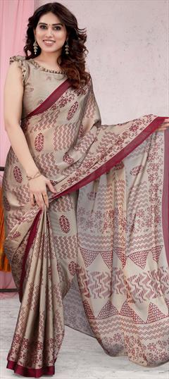 Casual Beige and Brown color Saree in Chiffon fabric with Classic Floral, Printed work : 1847116