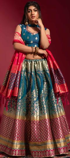 Mehendi Sangeet, Reception Blue color Lehenga in Banarasi Silk fabric with A Line Weaving work : 1847157
