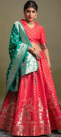 Festive, Traditional Red and Maroon color Lehenga in Banarasi Silk fabric with A Line Weaving, Zari work : 1847274