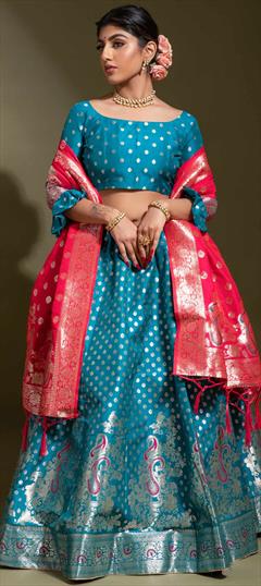 Festive, Traditional Blue color Lehenga in Banarasi Silk fabric with A Line Weaving, Zari work : 1847279