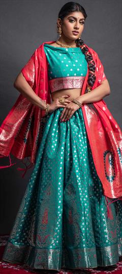 Festive, Traditional Green color Lehenga in Banarasi Silk fabric with A Line Weaving, Zari work : 1847283