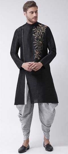Black and Grey color Dhoti Kurta in Dupion Silk fabric with Embroidered work : 1847442