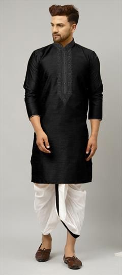 Black and Grey color Dhoti Kurta in Dupion Silk fabric with Embroidered work : 1847452