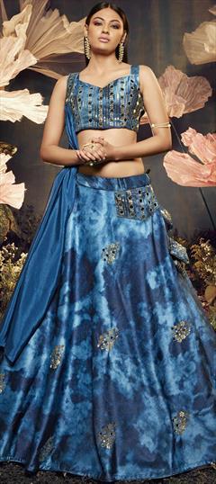 Designer, Engagement, Reception Blue color Lehenga in Velvet fabric with Umbrella Shape Embroidered, Mirror, Printed, Sequence work : 1847498