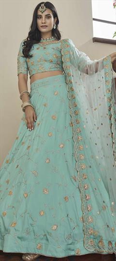 Reception, Wedding Blue color Lehenga in Art Silk fabric with A Line Embroidered, Sequence, Thread, Zari work : 1847521