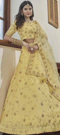 Reception, Wedding Yellow color Lehenga in Art Silk fabric with A Line Embroidered, Sequence, Thread, Zari work : 1847524