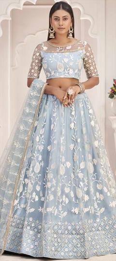 Festive, Party Wear Blue color Lehenga in Net fabric with Flared Embroidered, Sequence, Thread work : 1847645