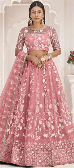Festive, Party Wear Pink and Majenta color Lehenga in Net fabric with Flared Embroidered, Sequence, Thread work : 1847650
