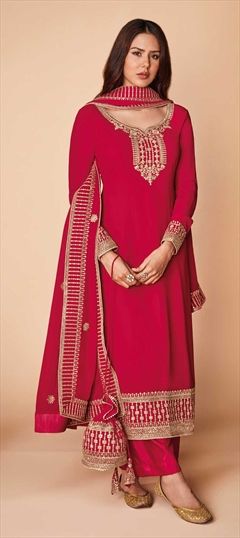 Mehendi Sangeet, Reception, Wedding Pink and Majenta color Salwar Kameez in Georgette fabric with Straight Embroidered, Sequence work : 1847652