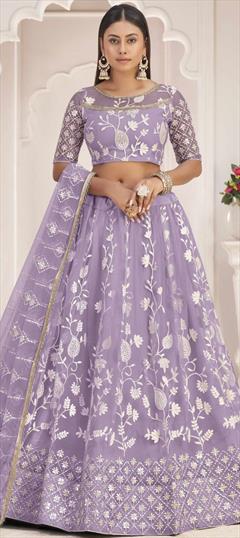 Festive, Party Wear Purple and Violet color Lehenga in Net fabric with Flared Embroidered, Sequence, Thread work : 1847653